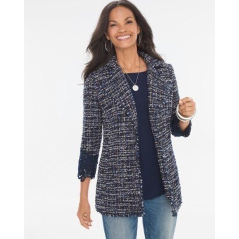Chico's Tweed Jacket Women Large P Navy Silver Lace Cuff Fringe Boucle Blazer